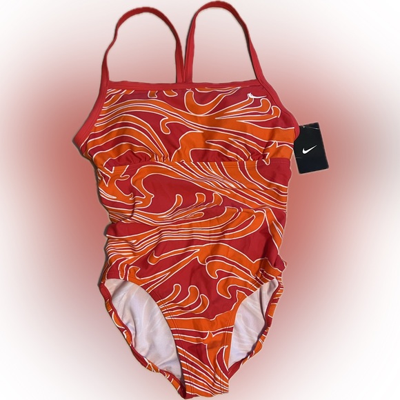 🆕Sz 8/Med RACERBACK NIKE Swimsuit Abstract Orange/White/Red—Removable Padding - Picture 2 of 16